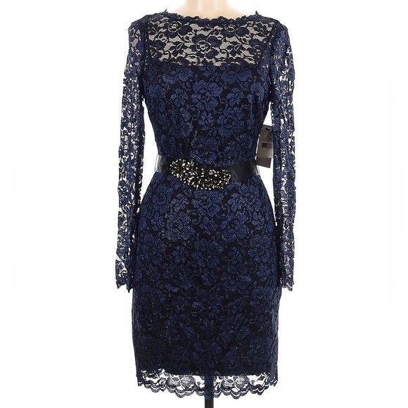 NWT Adriana Papell Navy Lace Overlay Jeweled Belted Formal Dress Gown Size 6 - Picture 1 of 13